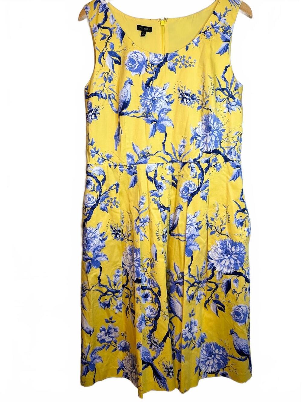 Talbots Yellow and Blue Cotton Toile Pleated Dress 12